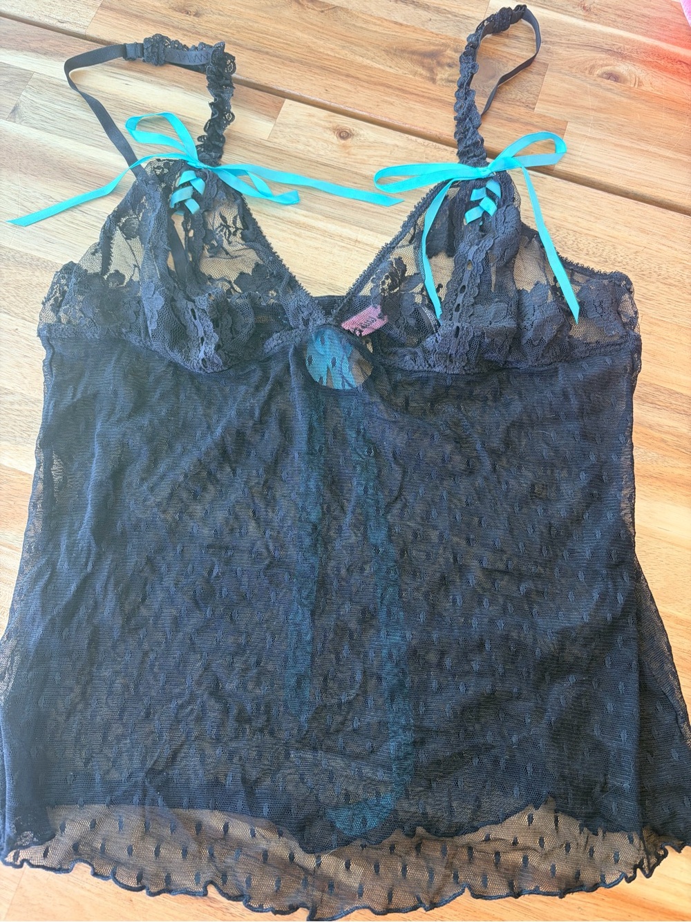 Victoria's Secret Black Lace Chemise with Teal Ribbon